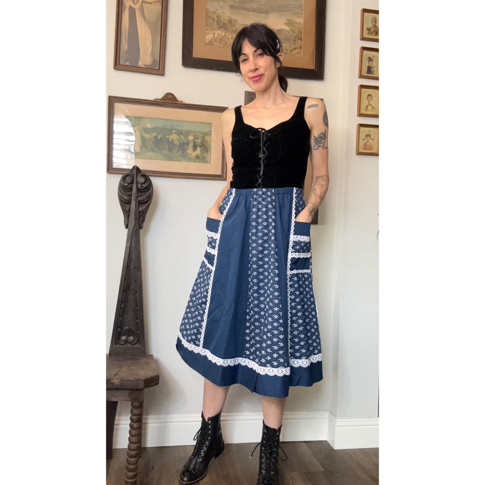 Vintage Handmade Reversible Midi Skirt Navy Blue Floral Lace Cottagecore Folk